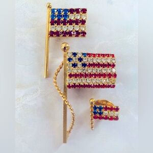 Patriotic Rhinestone Flag Brooch and Pin Set Red White and Blue
